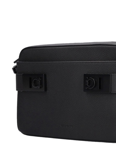 Twins logo leather messenger bag