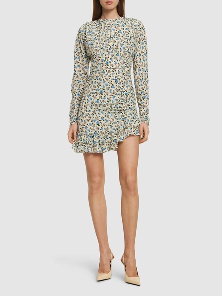 Printed open back draped silk mini dress