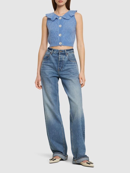 Mohair knit cropped vest top w/ studs