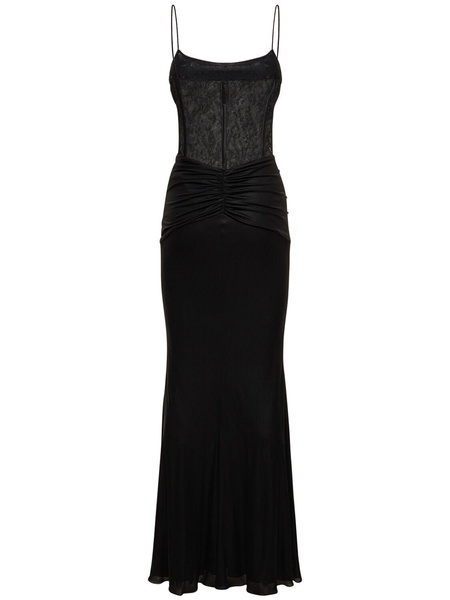 Laminated jersey long dress w/ lace