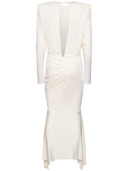 Satin draped l/s open back long dress