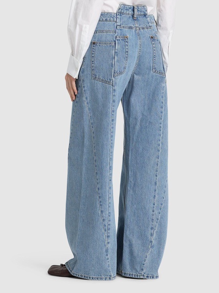 Asymmetric wide leg cotton denim jeans