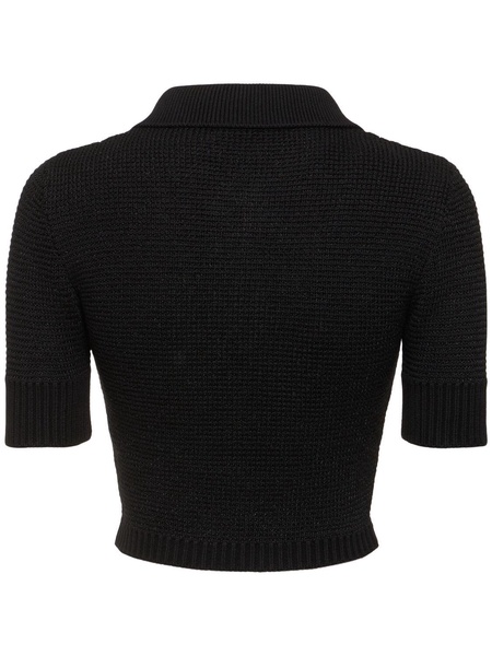 Sequined cotton blend knit polo w/ zip