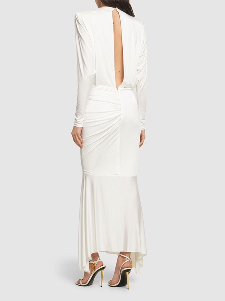 Satin draped l/s open back long dress