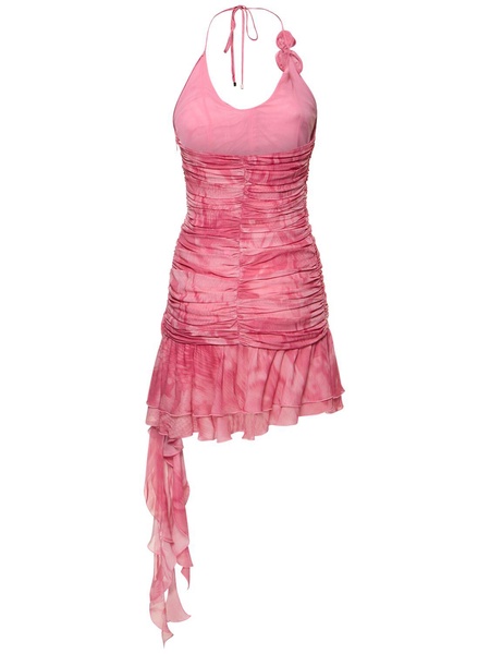 Ruched rose printed viscose mini dress
