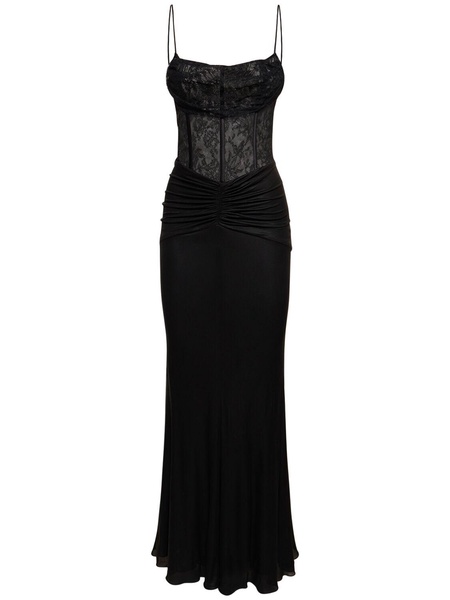 Laminated jersey long dress w/ lace