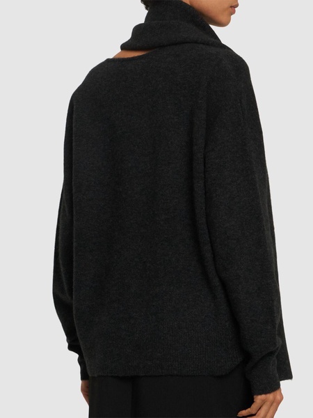 Draped scarf wool blend knit sweater