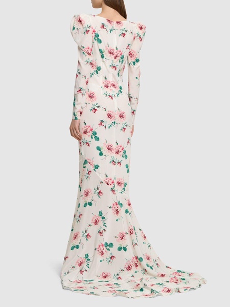 Rose printed silk maxi dress w/ appliqué