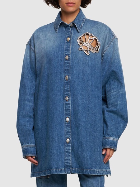Crystal embellished denim oversize shirt