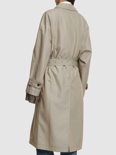 Belted cotton twill long trench coat