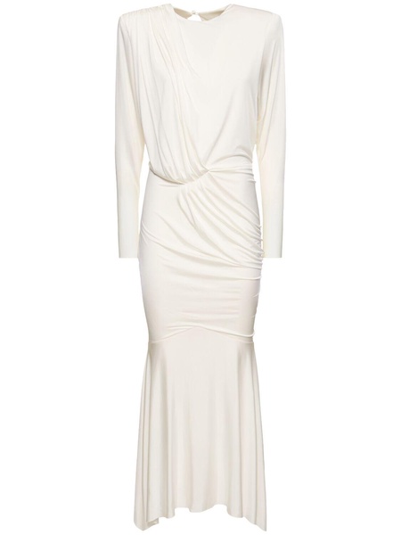Satin draped l/s open back long dress