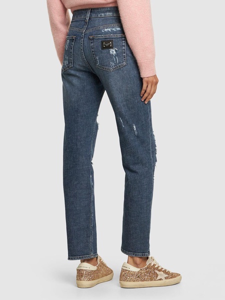 Distressed denim straight jeans