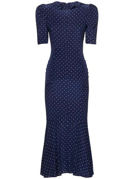 Polka dot print silk midi dress w/ruffle