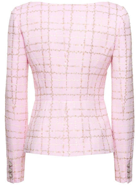 Sequined checked tweed round neck jacket