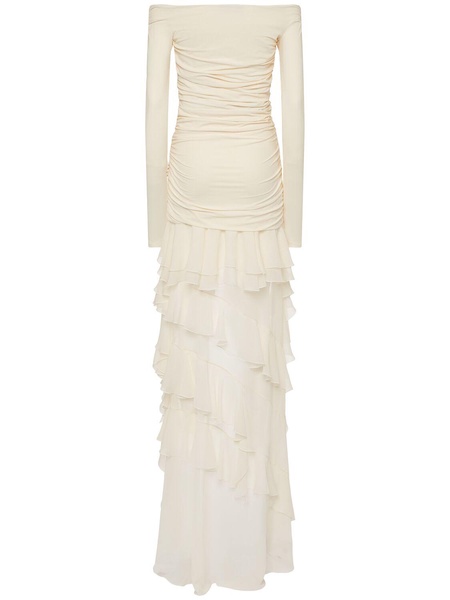 Off-the-shoulder organza dress w/ruffles
