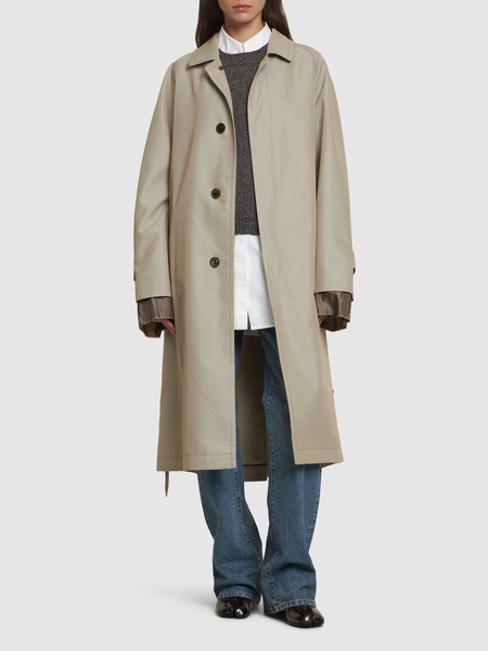 Belted cotton twill long trench coat