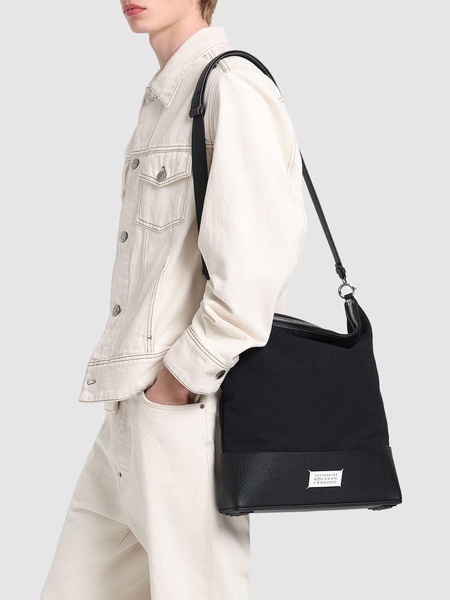 Grained leather & canvas crossbody bag