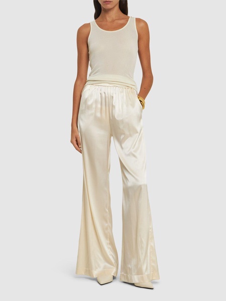 Silk blend elastic waist wide pants