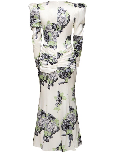 Rose print silk satin dress w/ bow