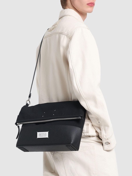 Grained leather & canvas crossbody bag