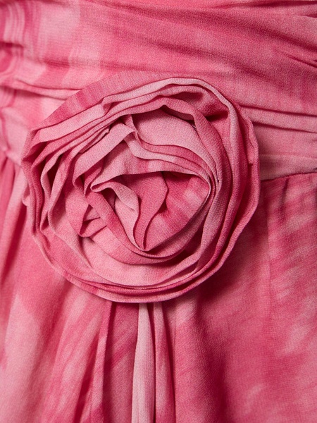 Ruched rose printed viscose mini dress