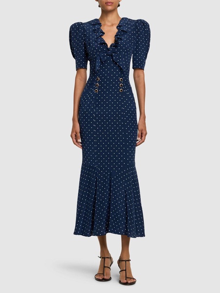 Polka dot print silk midi dress w/ruffle