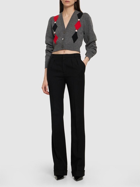 Diamond jacquard wool knit crop cardigan