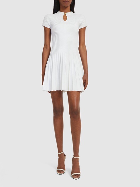 Pleated knit short sleeve mini dress