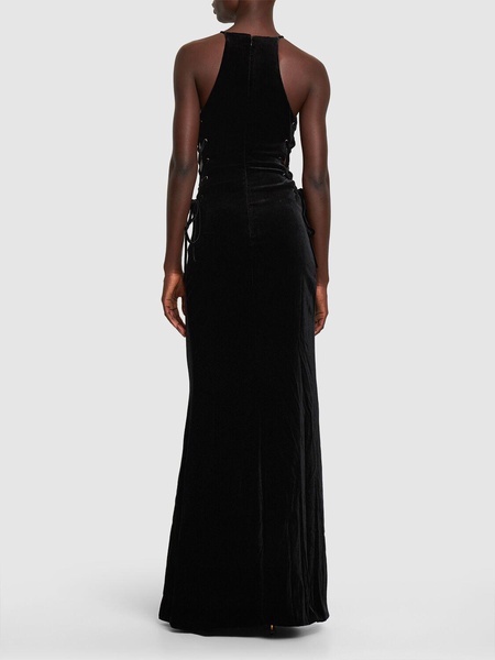 Velvet long dress w/ side lace-up