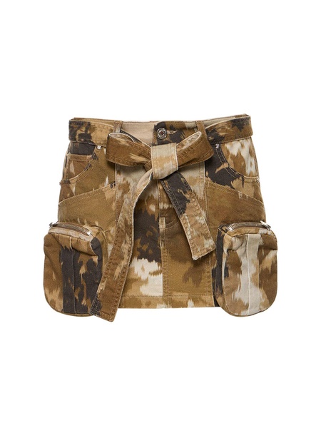 Belted denim mini cargo skirt