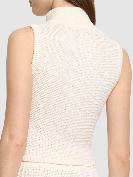 High neck sequined knit vest w/zip