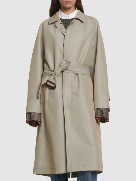 Belted cotton twill long trench coat