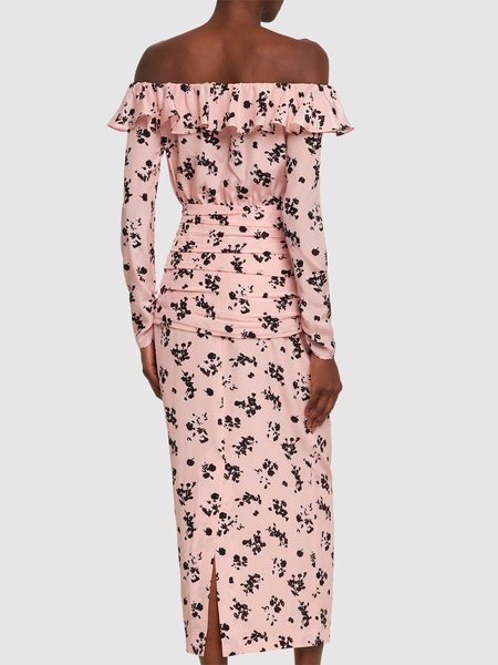 Printed silk off-the-shoulder midi dress