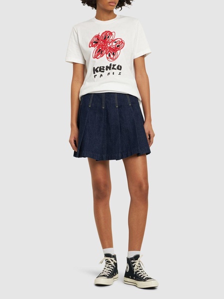 Pleated cotton denim mini skirt