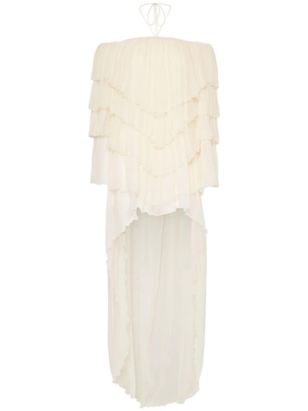 Draped silk crepe dress w/ train