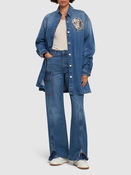 Crystal embellished denim oversize shirt