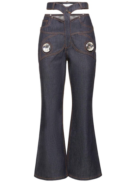Butterfly raw cotton denim crop jeans
