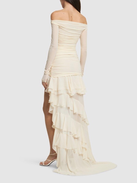 Off-the-shoulder organza dress w/ruffles