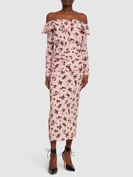 Printed silk off-the-shoulder midi dress