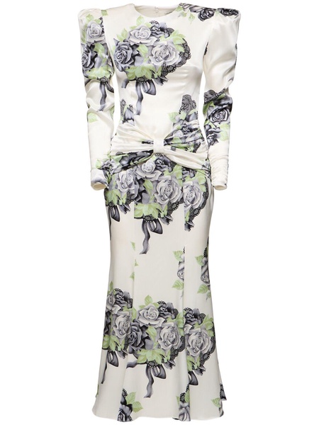 Rose print silk satin dress w/ bow