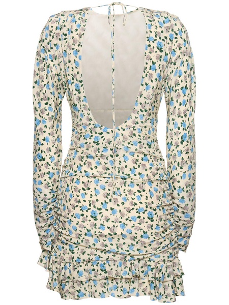 Printed open back draped silk mini dress