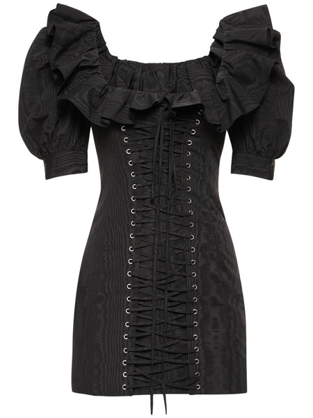 Moiré mini dress w/ lace-up detail