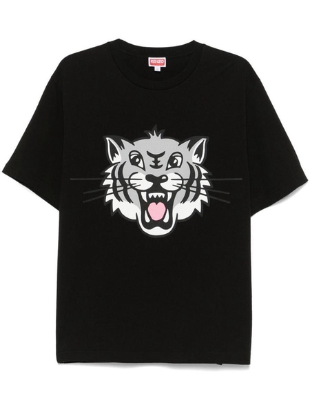 Black cotton T-shirt with front tiger print