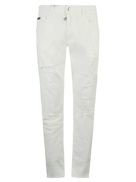 Logo Patched Distressed Effect Jeans