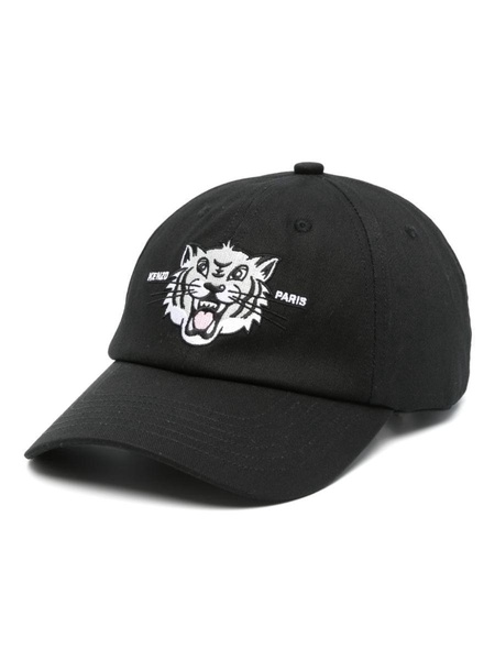 Black cotton baseball cap with white tiger design