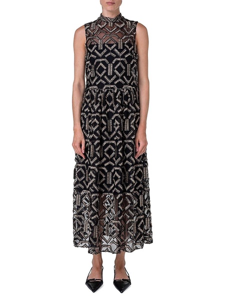 Geometric Metallic Tulle Mock Turtleneck Midi-Dress
