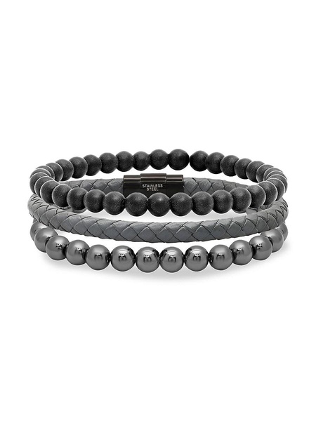 3-Piece Black IP, Stainless Steel & Leather Bracelet Set