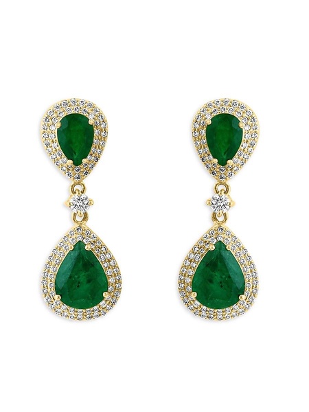 14K Yellow Gold, Emerald & Diamond Teardrop Earrings