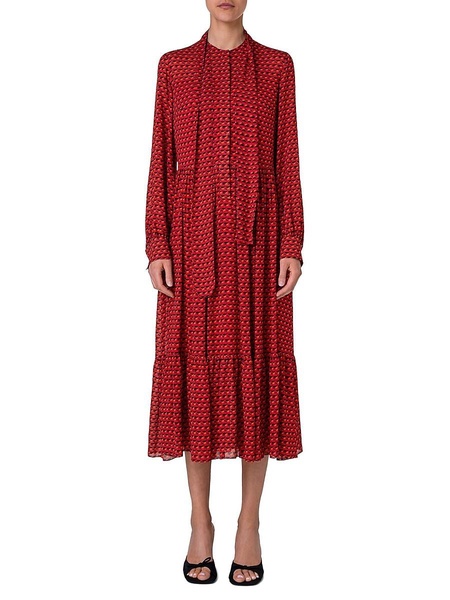 Print Tie Neck Midi-Dress