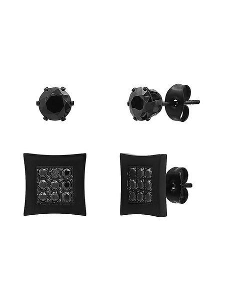 Set of 2 Black IP Stainless Steel & Simulated Diamond Earrings